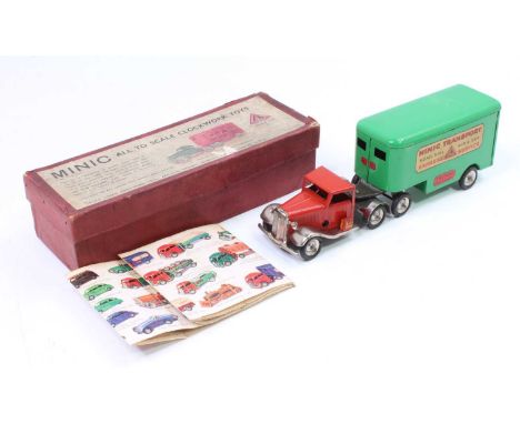 Triang Minic Pre-War Mechanical Horse and Pantechnicon set, comprising red cab and green trailer with Minic Transport Livery,