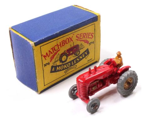 Matchbox Lesney No. 4a Massey Harris Tractor in red with gold trim, a first issue model with mudguards (VGNM,BVG-E)