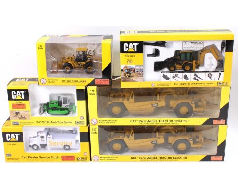 Six various boxed Caterpillar related mixed scale diecast vehicles and accessories, to include a Norscot Caterpillar 432D sid