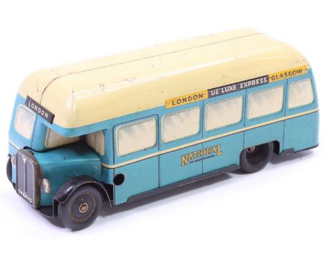 Chad Valley tinplate and clockwork National De Luxe Express Coach, cream and blue example with CV10073 to number plate, (VG)