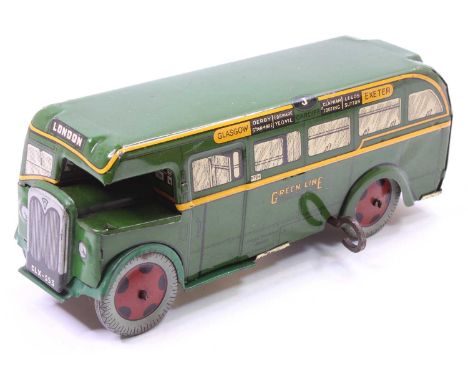 Wells Brimtoy tinplate clockwork Greenline Bus - dark green with yellow trim, tinprinted window detail, the clockwork mechani