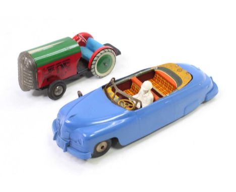Marx tinplate and plastic Open Top Saloon, comprising blue body with driver figure, together a with an Unknown Maker tinplate