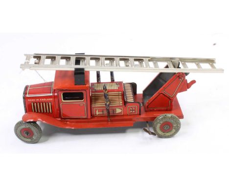 Mettoy tinplate clockwork Fire Engine - circa 1940's, finished in red, with 3 x seated firemen figures, elevating 2-sectional
