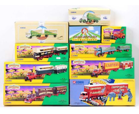 10 various boxed Corgi Classics circus related 1/50 scale diecast and road haulage group, all in original packaging to includ