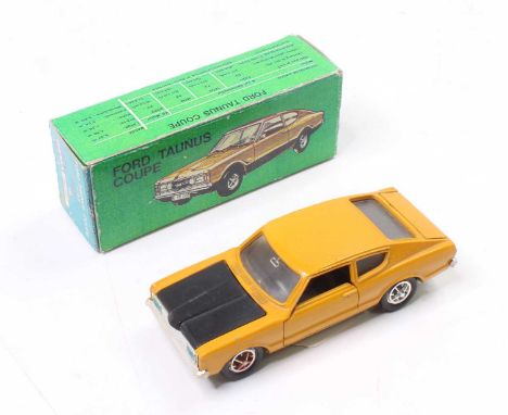 Gama No.995 Ford Taunus Coupe "Jackie Stewart", mustard yellow body, black interior, chrome wheels, in reproduction card box 