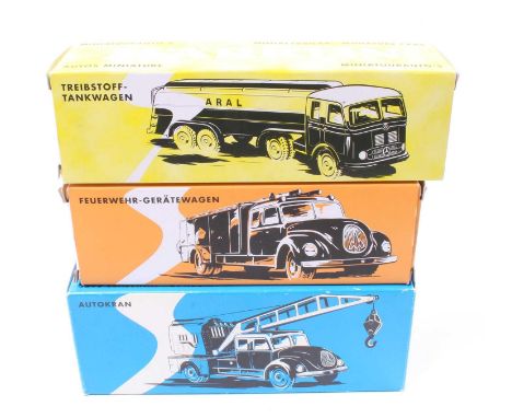 Marklin Boxed Re-Issue Diecast Group, 3 examples to include 18032 ARAL Tanker, No.18031 Auto Crane and No.18038 Fire Engine, 