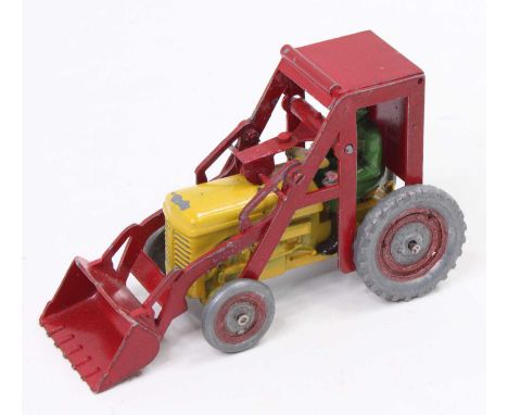 A Benbros Tractor with a front-loading bucket comprising of a yellow tractor with a red cab and bucket and green driver figur