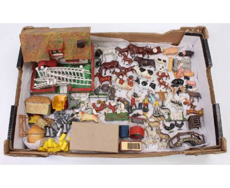 A tray containing a large quantity of mostly Britains and Hillco lead hollow cast farming figures together with a boxed Charb