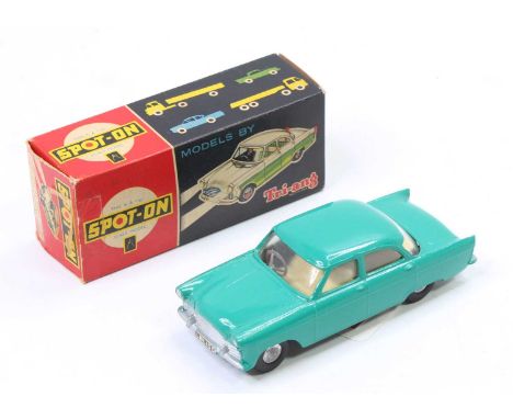 Spot On Triang No.100 Ford Zodiac, comprising a turquoise body with cream interior, grey steering wheel, in the original card