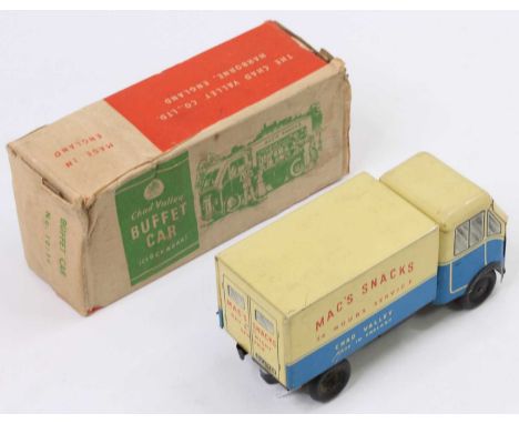Chad Valley Buffet Car "Mac's Snacks", cream with blue lower body, drop down snack bar hatch, clockwork mechanism, in the ori