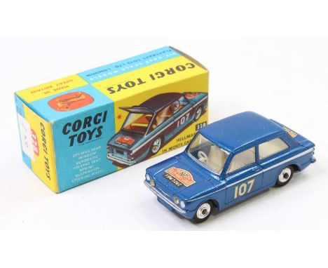 Corgi Toys No. 328 Hillman Imp in Monte Carlo trim comprising blue body with off-white interior, 107 racing No. and spun hubs