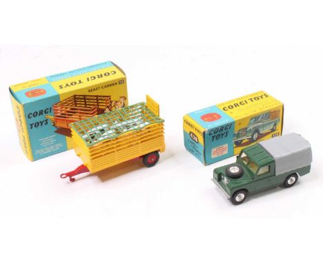 Corgi Toys farming group of 2 boxed models comprising No. 438 Land Rover 109 WB with a metallic green body, green canopy and 