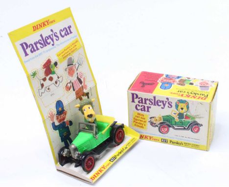 Dinky Toys No. 477 Parsley's Car in pea green, black and yellow body with Parsley as the driver, red hubs, in the original sl