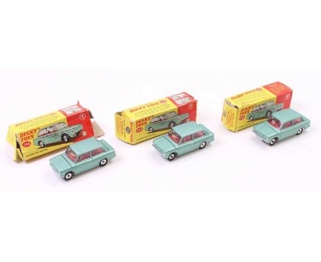 Dinky Toys group of 3x No. 138 Hillman Imp in light metallic green with a red interior, all models near mint to mint with fai