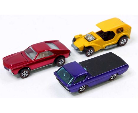 3 Mattel Hot Wheels "Redlines" issues comprising a Custom AMX in red with a white interior, an Ice T in yellow with a black i