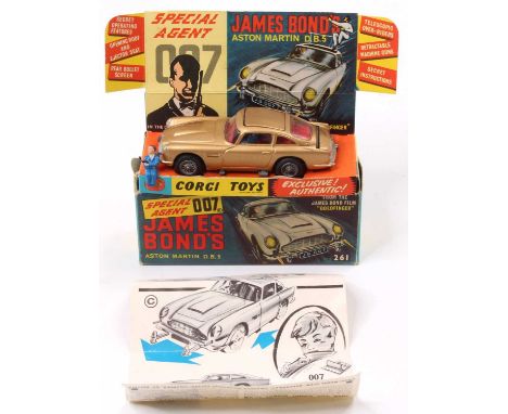 Corgi Toys No. 261 James Bond Aston Martin DB5 from the film "Goldfinger", in gold with driver and 2 bandit figures, with mod