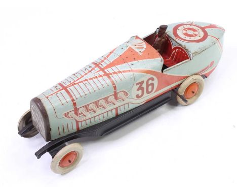 An ML of Paris (France) tinplate and clockwork model of a racing car comprising of light blue, white &amp; red body with raci
