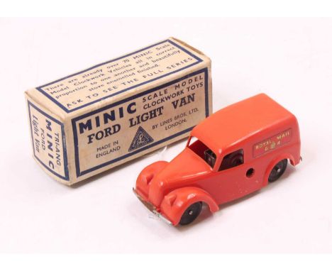 Triang Minic 2823 Ford Light Van, orange plastic body with black hubs, in the original card box 