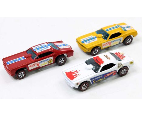 3 Mattel Hot Wheels "Redlines" issue comprising Don Proudhomme's "The Snake" in white and "The Snake 2" in yellow, as well as