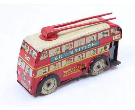 Wells Brimtoy large tinplate trolley bus, red with white roof and detailed tinprinted sides, with red trolley poles to roof, 