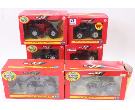 Six various boxed Britains 1/32 scale window boxed diecast tractors and attachments, various examples to include a No. 40804 