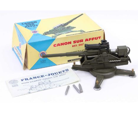 A Jouets No. 207 diecast model of a Cannon sur Affut, comprising of military drab green body housed in the original card box 