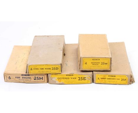 Dinky Toys original empty trade boxes, a group of 5 to include, No. 25B Covered Van, No. 25F Market Gardeners Van, No. 25D Pe