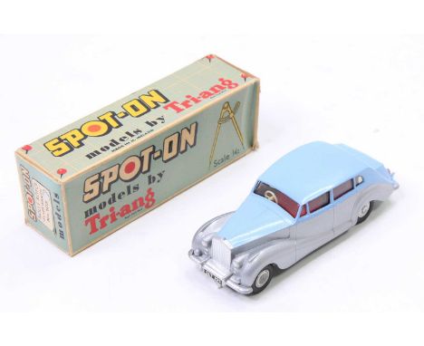 Spot On Triang No.103 Rolls Royce Silver Wraith, comprising light blue top and silver bottom with red interior, housed in the