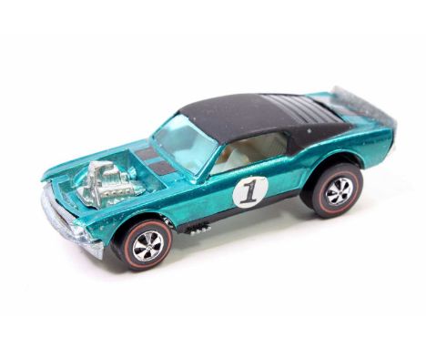 Mattel Hot Wheels "Redlines" era Mustang Boss Hoss in aqua with a white interior, black stripes, a black roof, and racing num