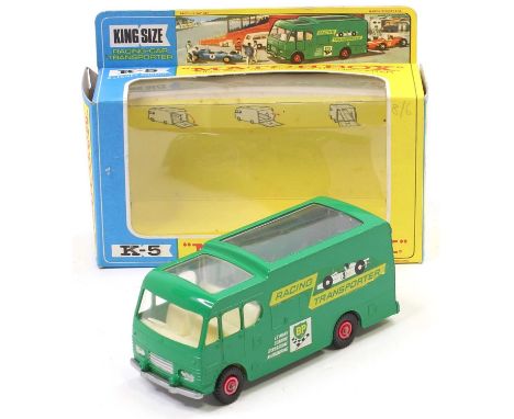 Matchbox Lesney King Size K5 Racing Car Transporter finished in green with "BP" and "Racing Transporter" decals, slight fadin