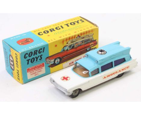 Corgi Toys No. 437 Cadillac Superior Ambulance, light blue over white body with Ambulance to sides, red cross on bonnet, with