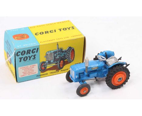 Corgi Toys No. 55, Fordson Power Major Tractor, blue body with orange hubs, housed in the original card box (VNMM-BNMM)
