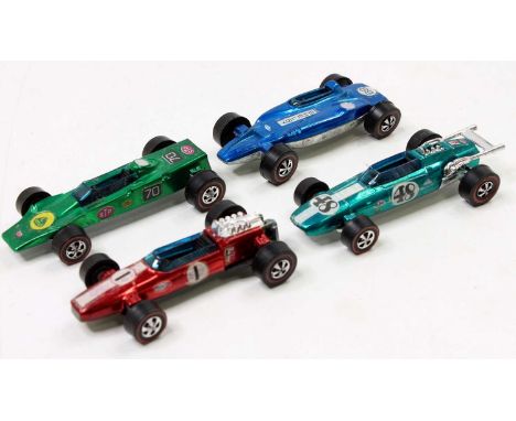 4 Mattel Hot Wheels "Redlines" issues comprising a Lotus Turbine in emerald, a Shelby Turbine in blue, a Brabham Repco F1 in 