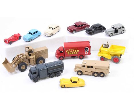 A collection of 12 repainted Dinky Toys models including No. 689 Medium Artillery Tractor, No. 923 Big Bedford Van, No. 157 J