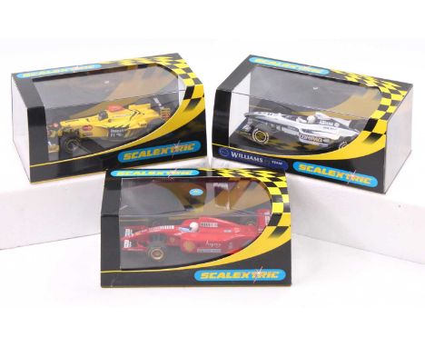 A Scalextric slot car boxed F1 race car group to include No. C2115 Ferrari 643, C2126 Jordan Mugen Honda with racing No. 9, a