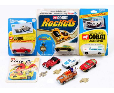 Corgi Rockets and Juniors group to include a carded Aston Martin DB6, a Jaguar Pace Car with figures, a Volvo P1800 "The Sain