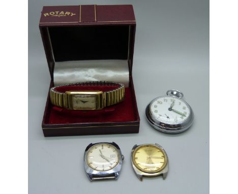 A Timex pocket watch, two wristwatch heads, one lacking crown and a rolled gold wristwatch, gold plate worn