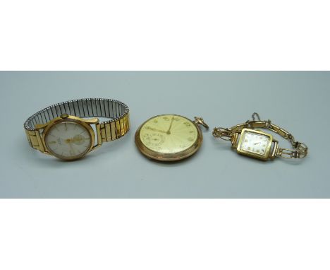 A rolled gold dress pocket watch, a vintage Liga wristwatch and a lady's wristwatch