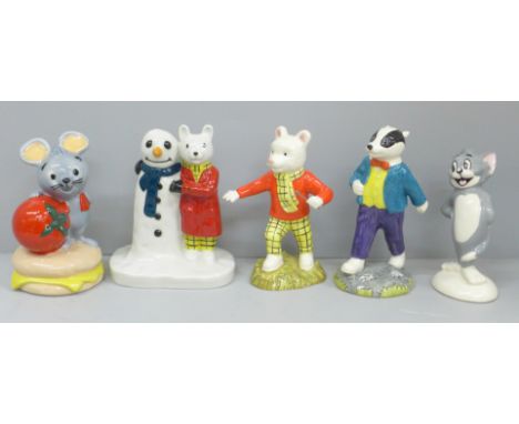 A Wade Rupert and the Snowman, Royal Doulton Rupert, a/f, a Beswick Bill Badger and Tom and a Wade Dixie