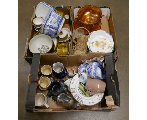 Three boxes of mixed china including Denby, two Carnival glass bowls, Chinese blue and white planter and stand, mining plate,
