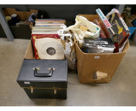 A box of classical /easy listening LP records and a box of vintage board games, including Captain Scarlet The Fight With The 