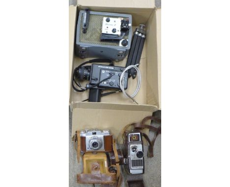 Vintage cameras and projectors, Agfa Silette Prontor, Sankyo EM Super 8, Kodak Brownie 8 and Bell &amp; Howell 624EE Autoset 