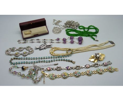 Vintage glass necklaces, cupid brooch, pearls, etc.