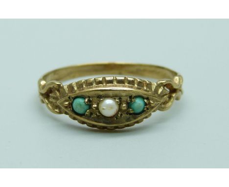 An early 20th century turquoise and seed pearl set ring, hallmark worn, 1.5g, P
