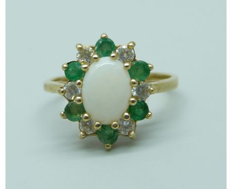 A 9ct gold, emerald, opal and white stone ring, 2.4g, M