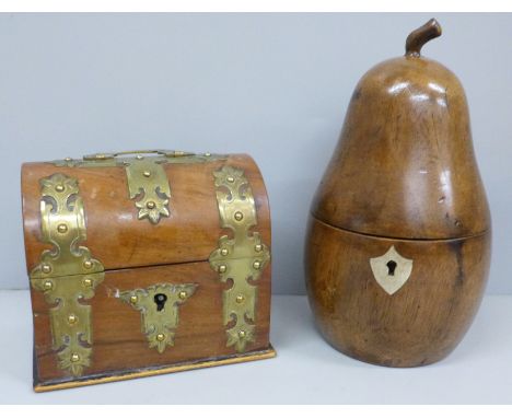 A 19th Century style wooden pear shaped tea caddy and a brass bound domed top walnut box with two compartments