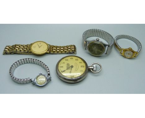 Five watches; Raymond Weil, Climax, Railway pocket watch and two lady's wristwatches, Oris and Rotary