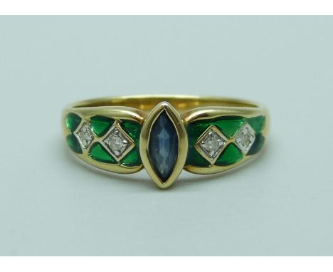 A 14ct gold Brookes &amp; Bentley sapphire, diamond and enamelled ring, with B&amp;B box, 2.9g, O