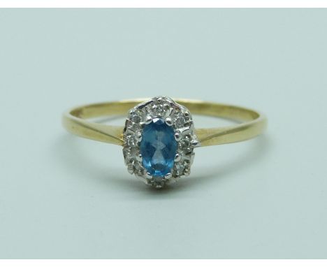 A 9ct gold blue stone and diamond cluster ring, 1.5g, S