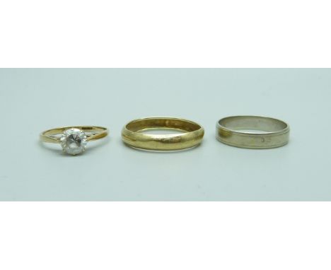 Two 9ct gold rings, 2.2g, one set with cubic zirconia and one other ring with continental control marks on the outside of the